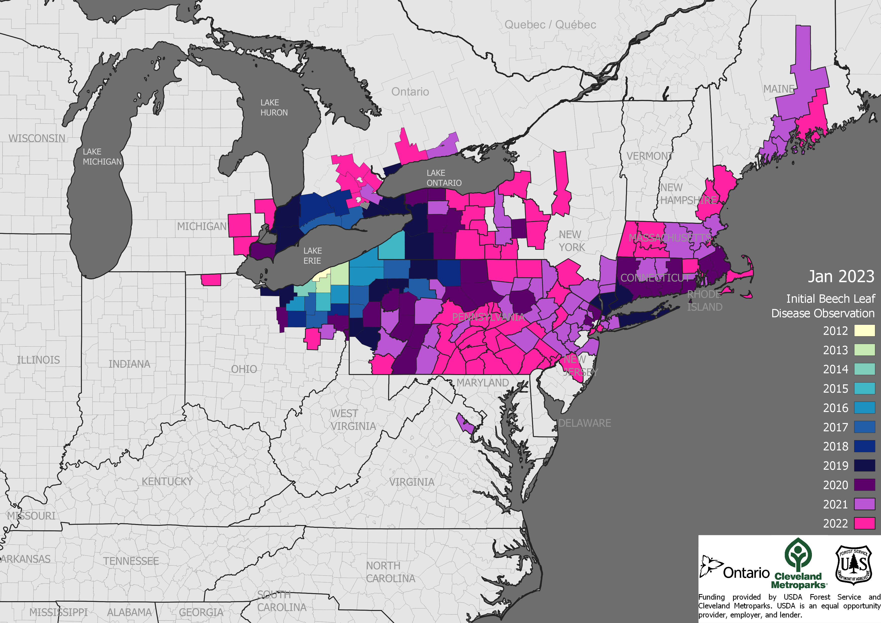 A map showing counties in the USA and Canada where beech leaf disease has been detected.